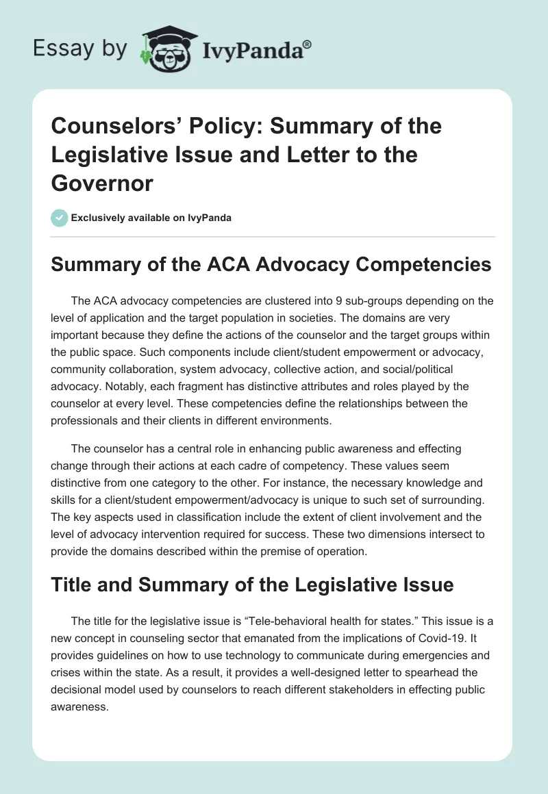 Counselors’ Policy: Summary of the Legislative Issue and Letter to the Governor. Page 1