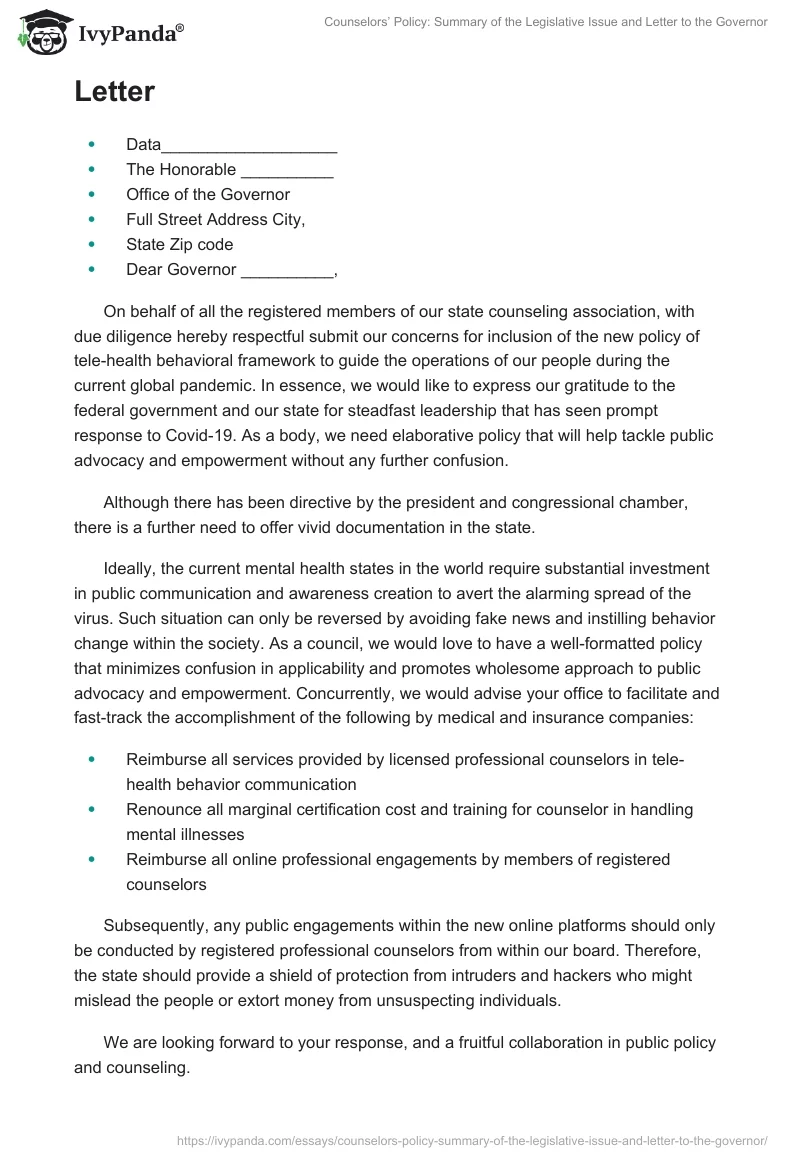 Counselors’ Policy: Summary of the Legislative Issue and Letter to the Governor. Page 2