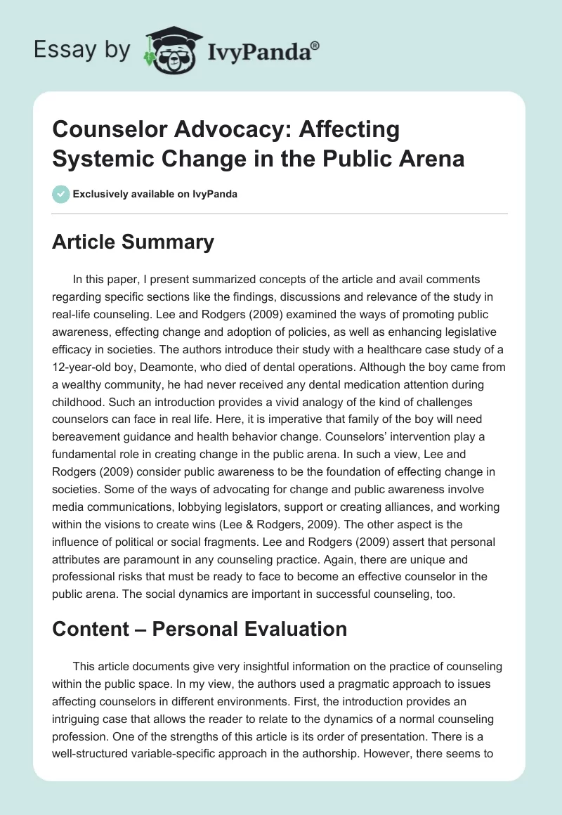 Counselor Advocacy: Affecting Systemic Change in the Public Arena. Page 1