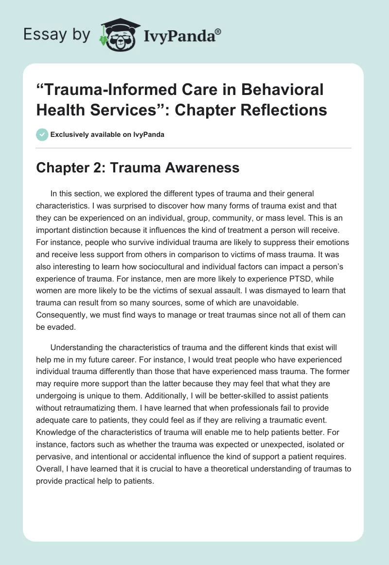 “Trauma-Informed Care in Behavioral Health Services”: Chapter Reflections. Page 1