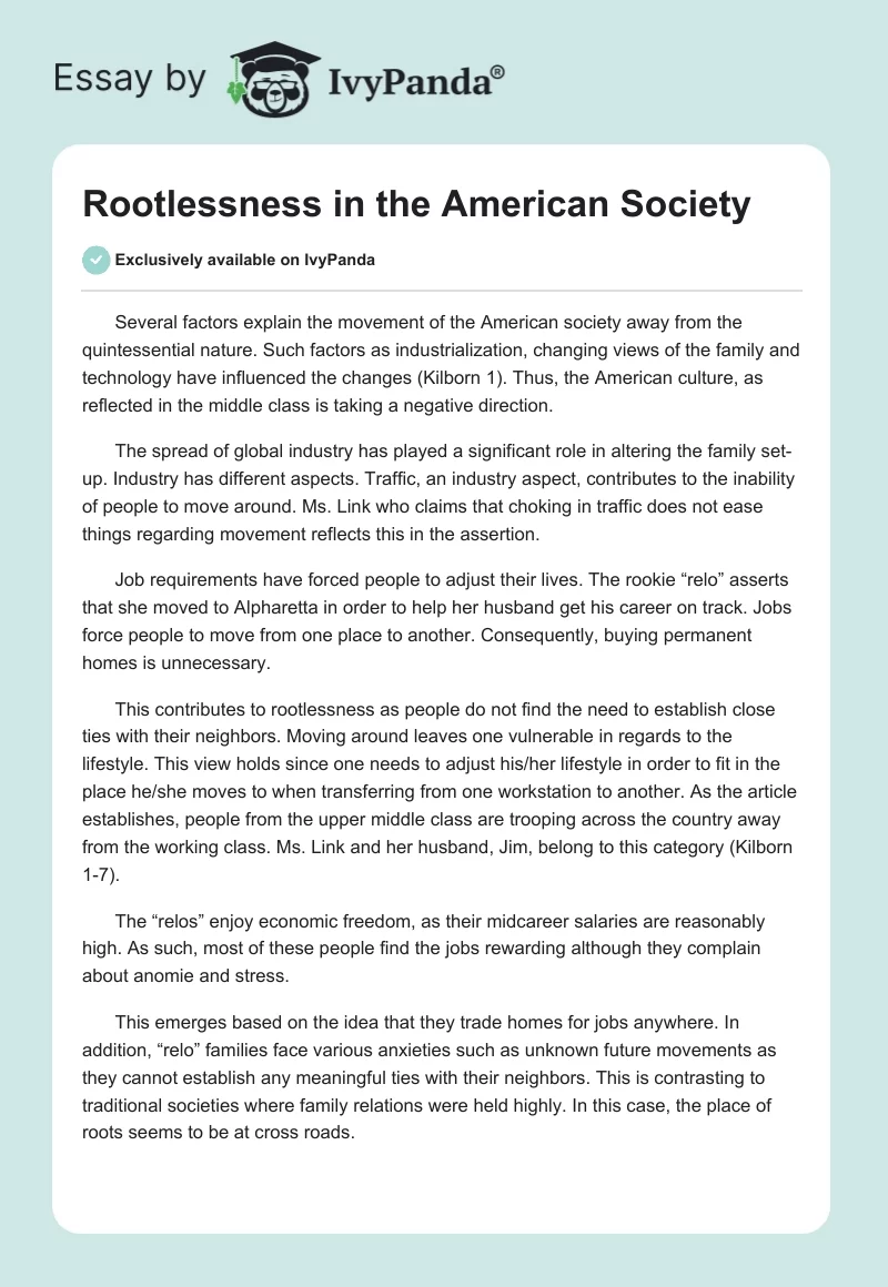 Rootlessness in the American Society. Page 1