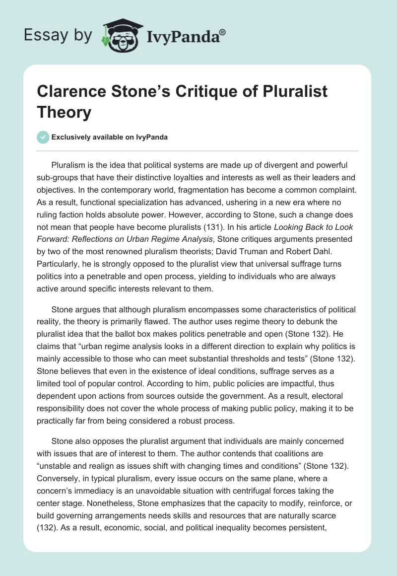 Clarence Stone’s Critique of Pluralist Theory. Page 1