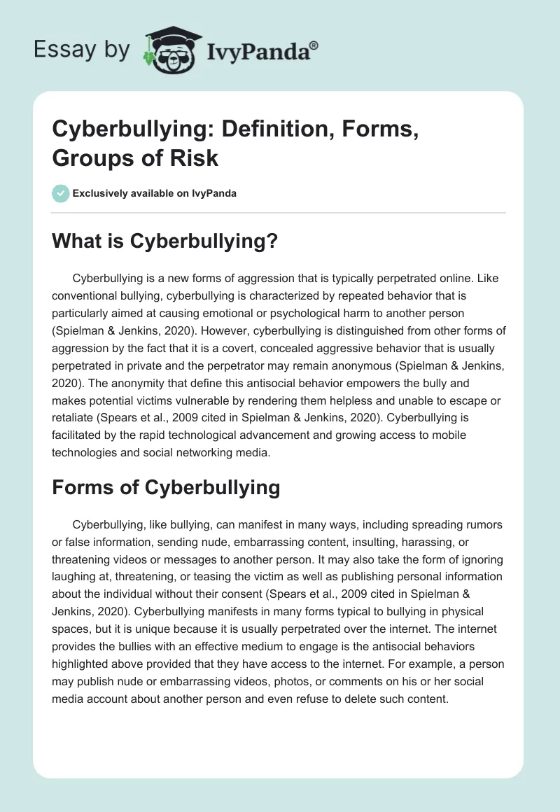 Cyberbullying: Definition, Forms, Groups of Risk. Page 1