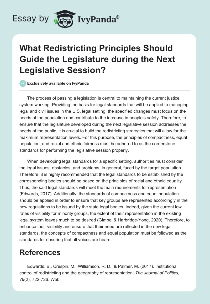 What Redistricting Principles Should Guide the Legislature during the Next Legislative Session?. Page 1