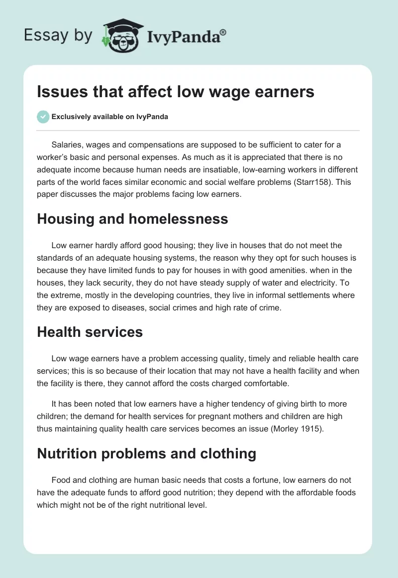 Issues that affect low wage earners. Page 1