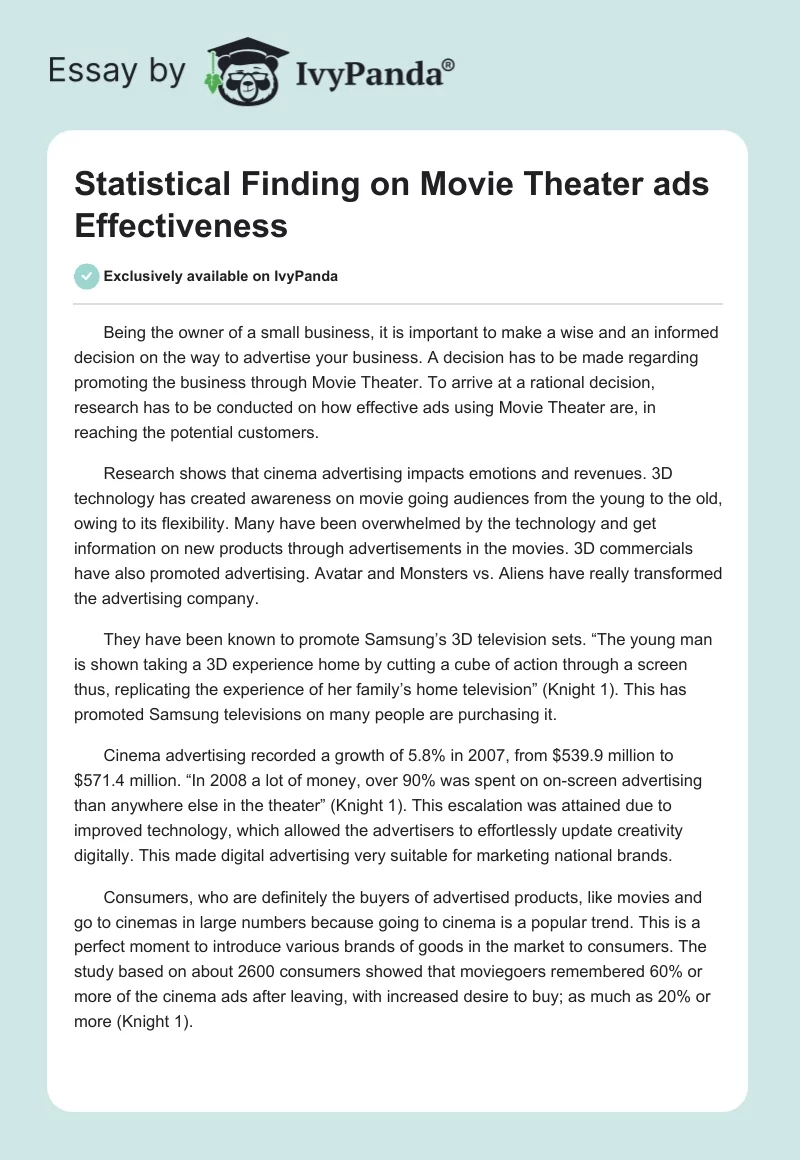 Statistical Finding on Movie Theater ads Effectiveness. Page 1