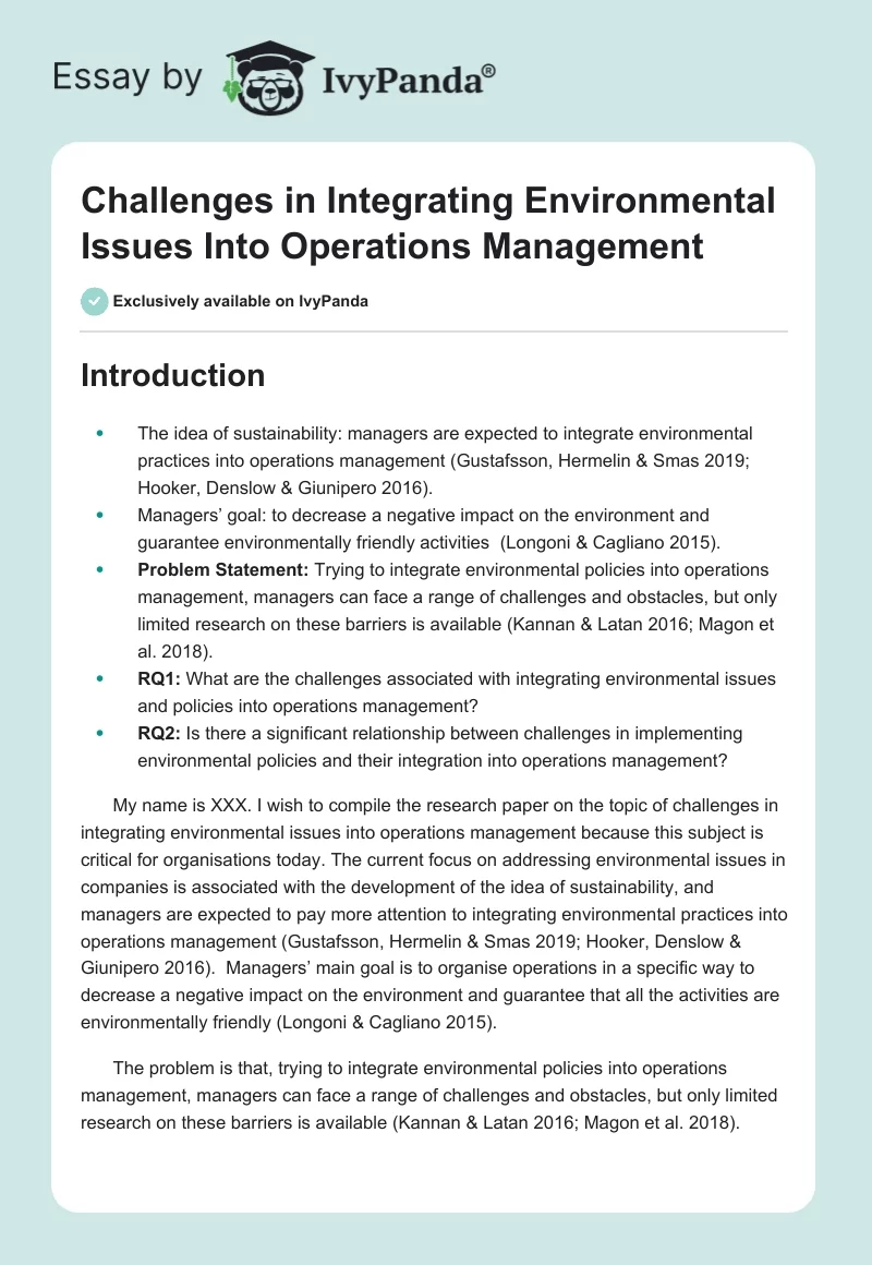 Challenges in Integrating Environmental Issues Into Operations Management. Page 1