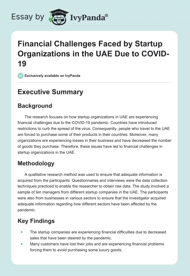 Financial Challenges Faced by Startup Organizations in the UAE Due to COVID-19. Page 1