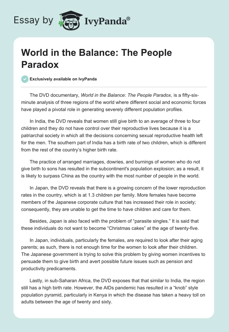 World in the Balance: The People Paradox. Page 1