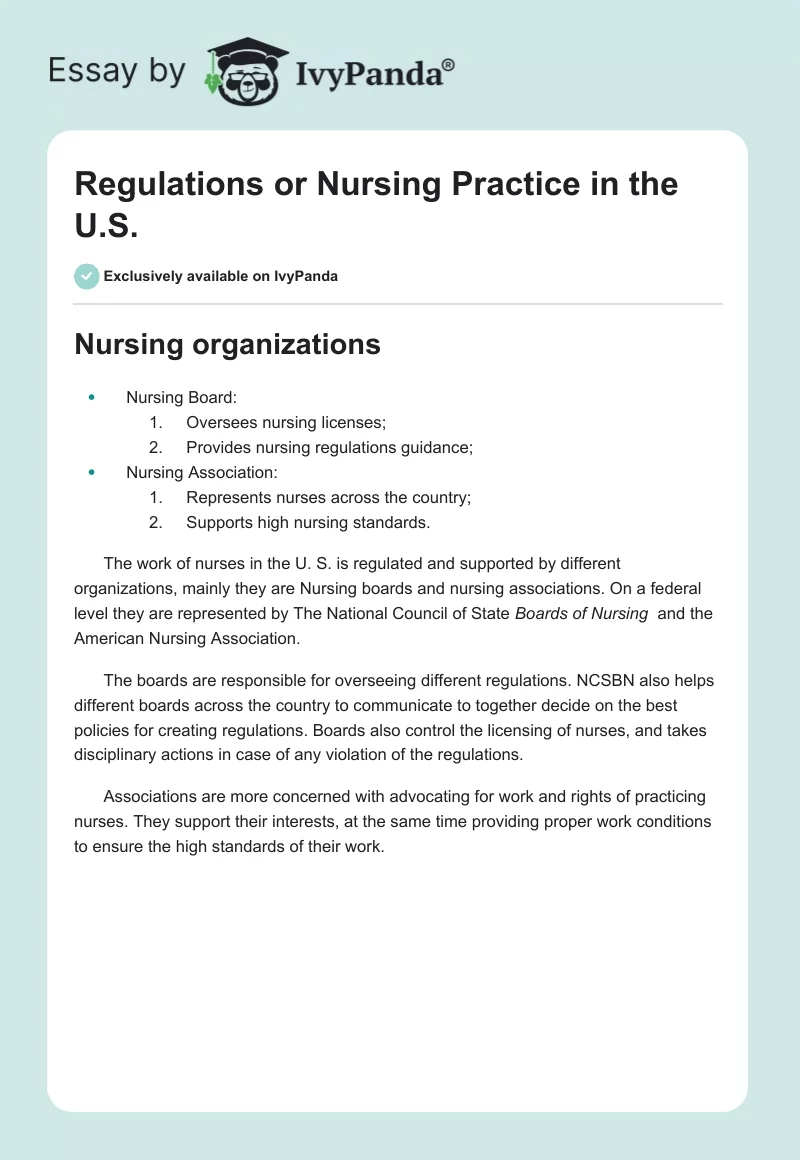 Regulations or Nursing Practice in the U.S.. Page 1