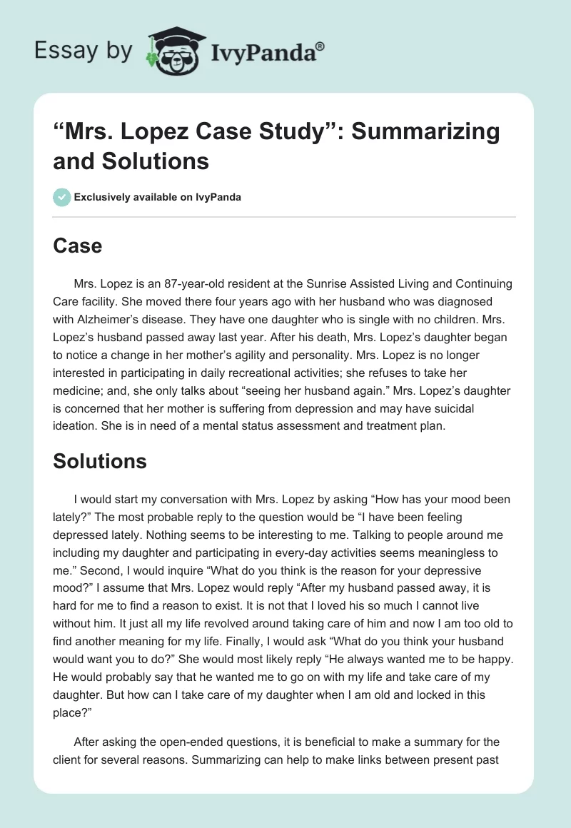 “Mrs. Lopez Case Study”: Summarizing and Solutions. Page 1
