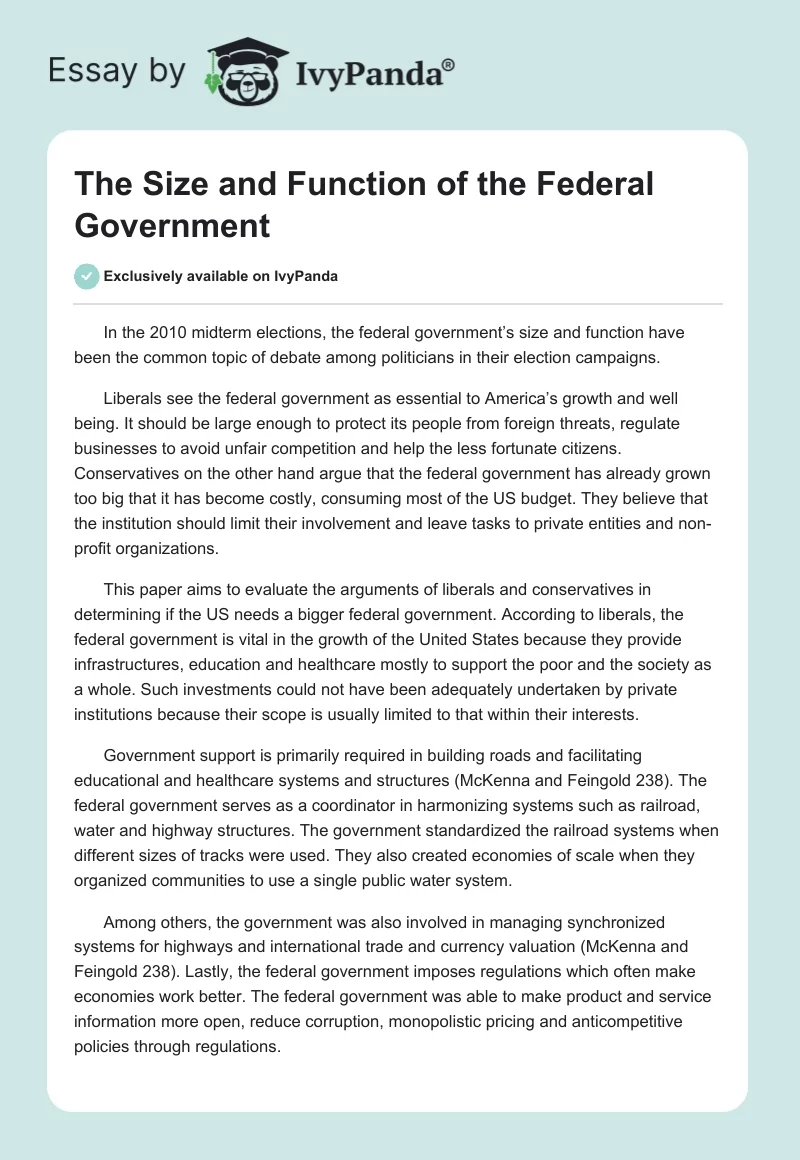 The Size and Function of the Federal Government. Page 1