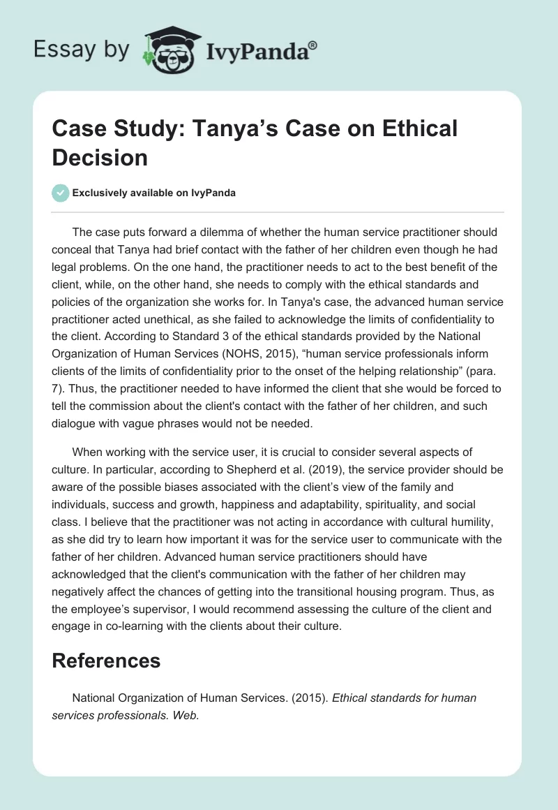 Case Study: Tanya’s Case on Ethical Decision. Page 1