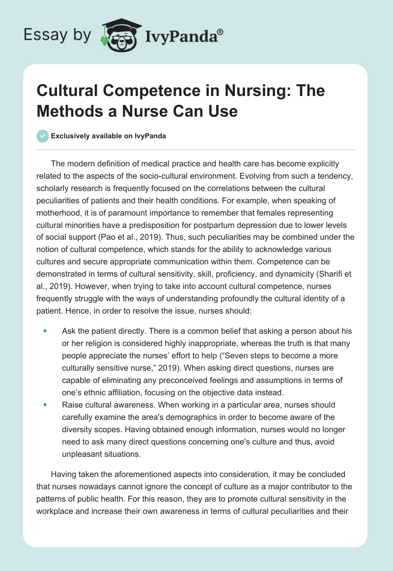 Cultural Competence in Nursing: The Methods a Nurse Can Use. Page 1