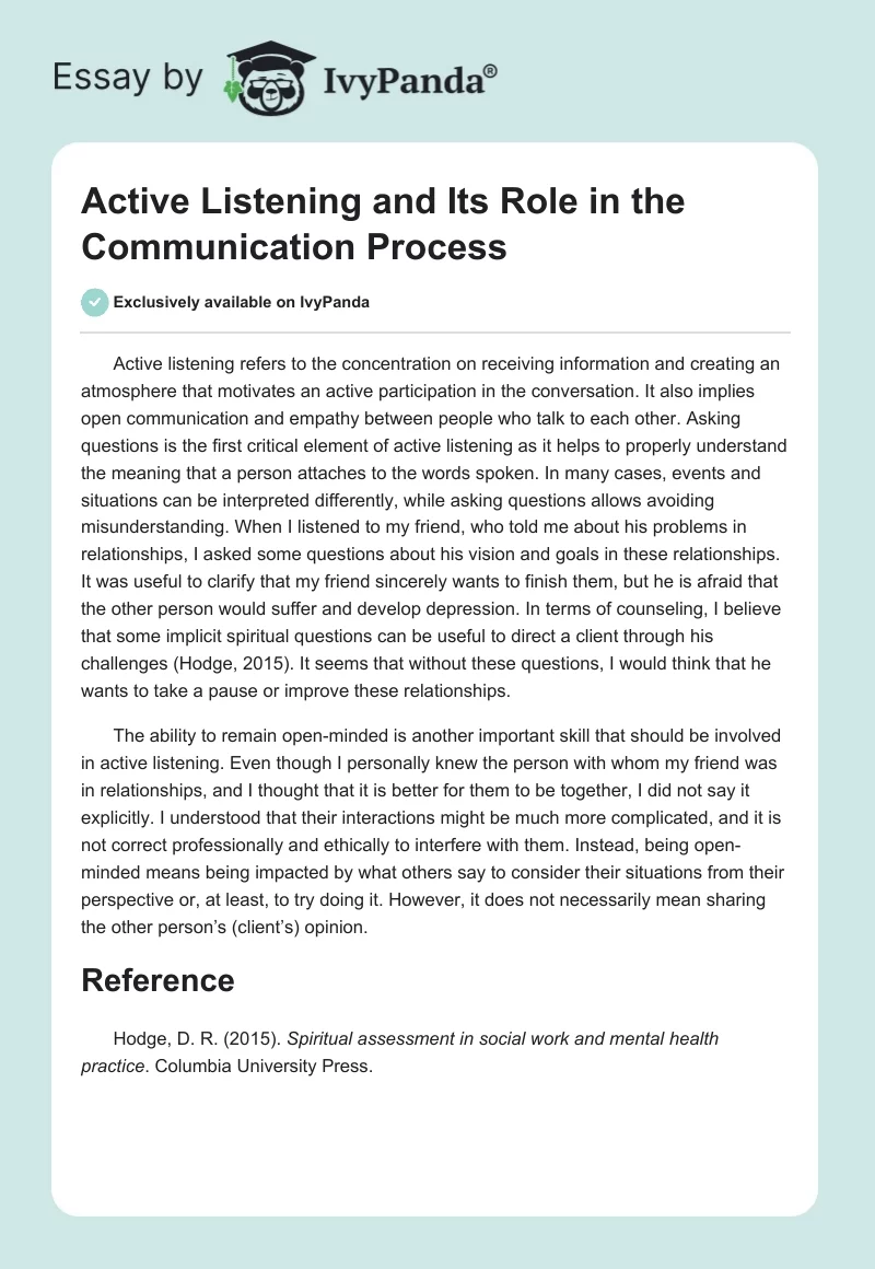 Active Listening and Its Role in the Communication Process. Page 1