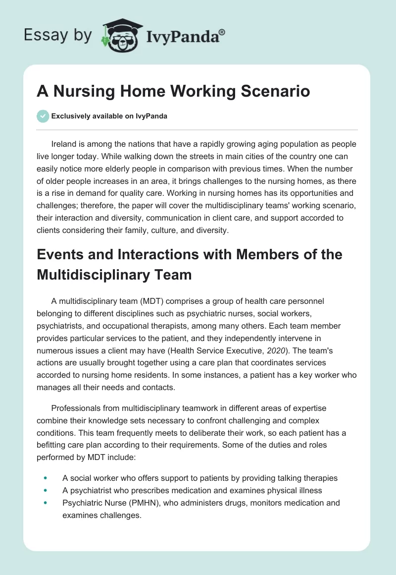 A Nursing Home Working Scenario. Page 1