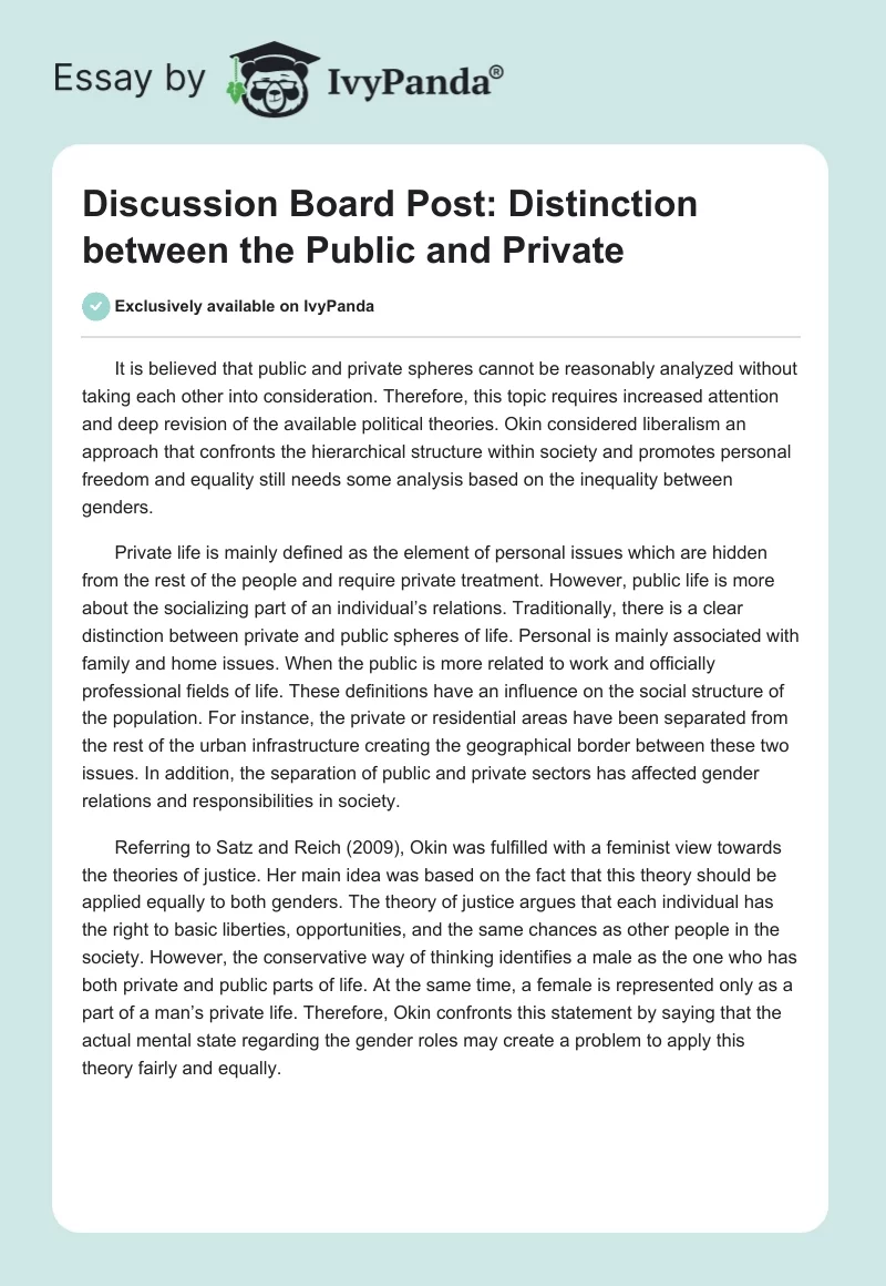 Discussion Board Post: Distinction between the Public and Private. Page 1