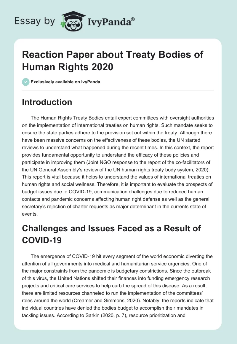 Reaction Paper about Treaty Bodies of Human Rights 2020. Page 1