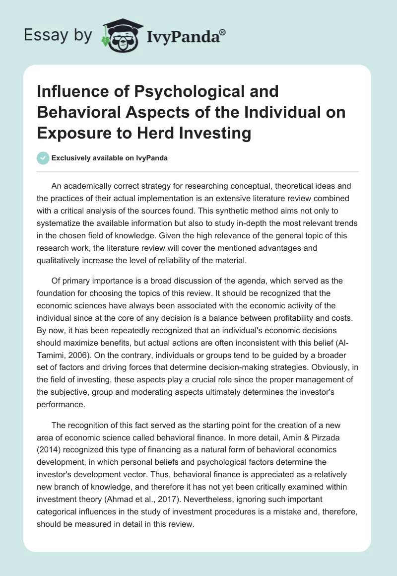 Influence of Psychological and Behavioral Aspects of the Individual on Exposure to Herd Investing. Page 1