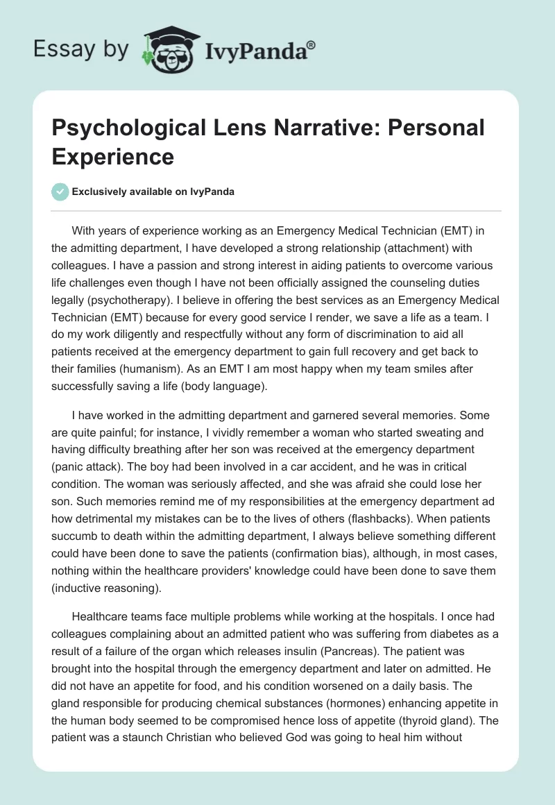 Psychological Lens Narrative: Personal Experience. Page 1
