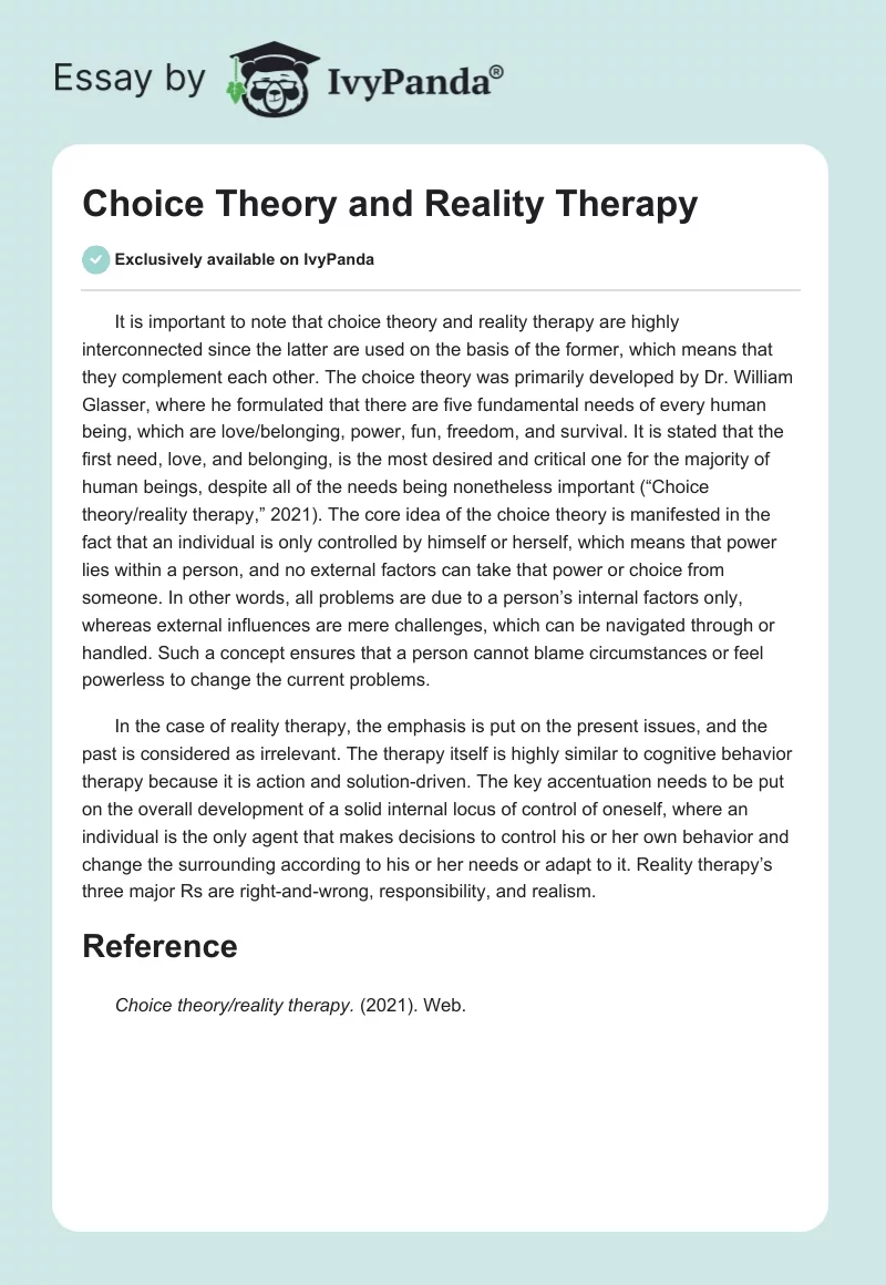 Choice Theory and Reality Therapy. Page 1