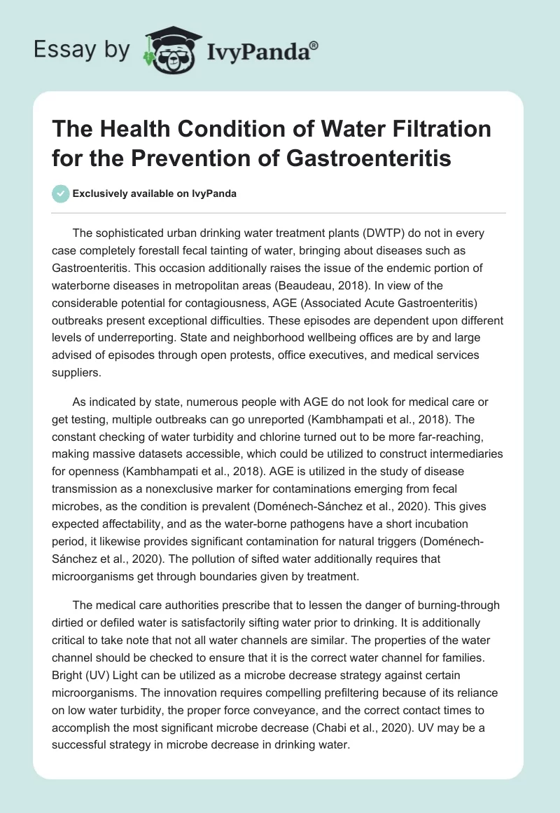 The Health Condition of Water Filtration for the Prevention of Gastroenteritis. Page 1