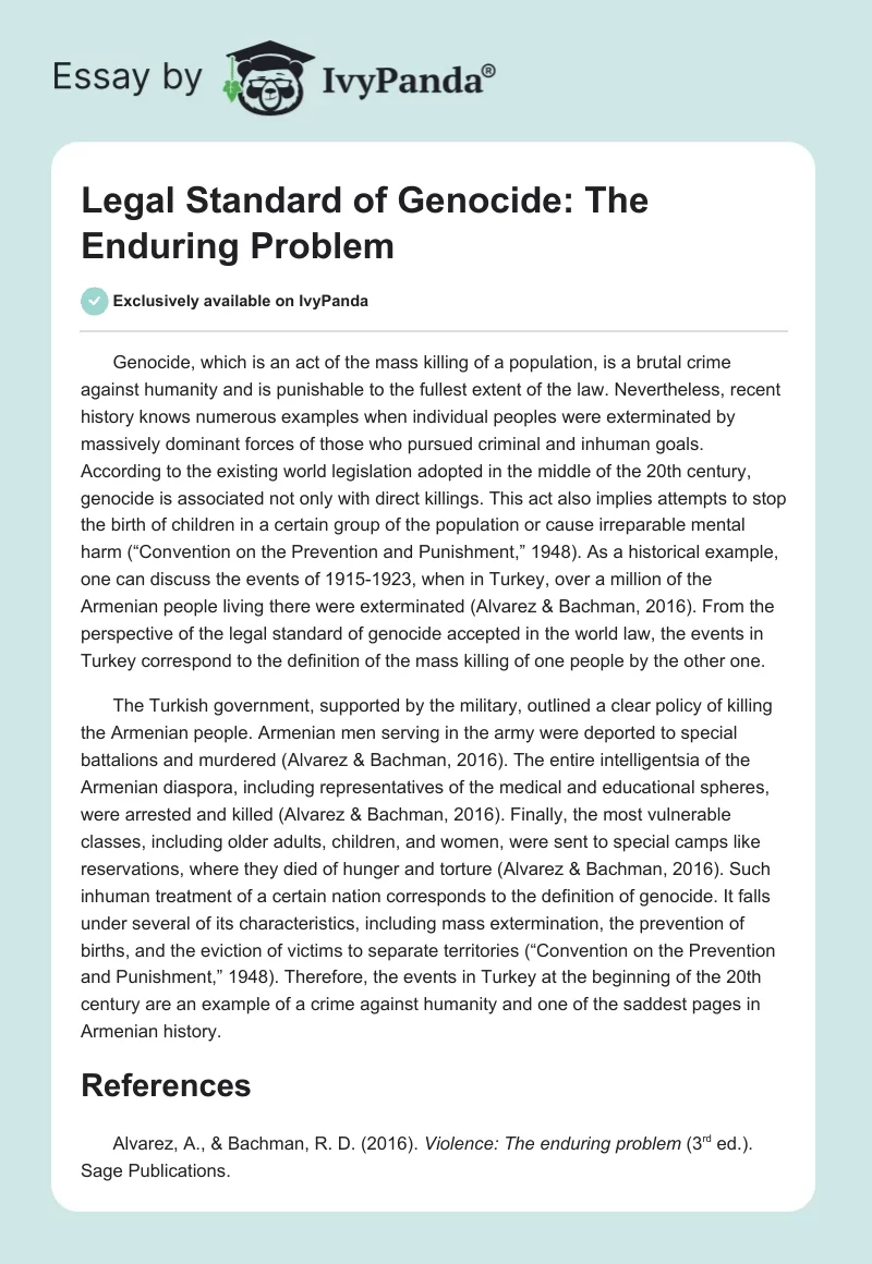 Legal Standard of Genocide: The Enduring Problem. Page 1