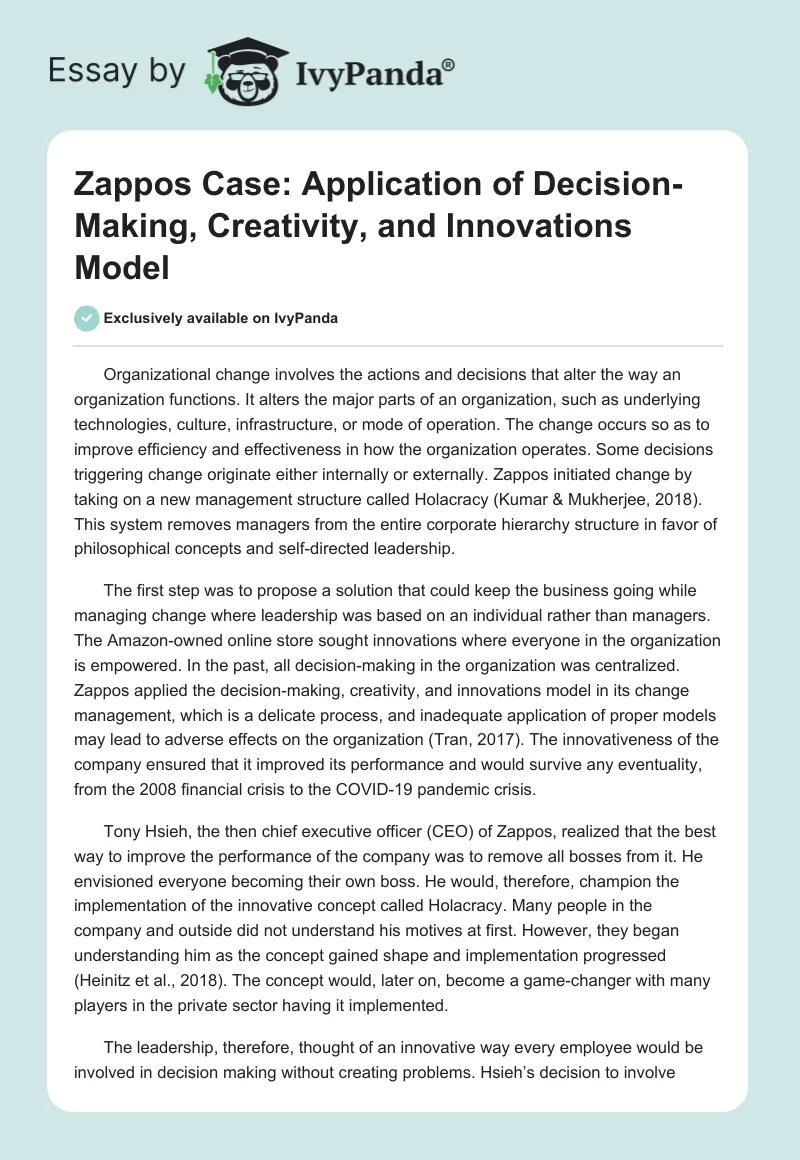 Zappos Case: Application of Decision-Making, Creativity, and Innovations Model. Page 1
