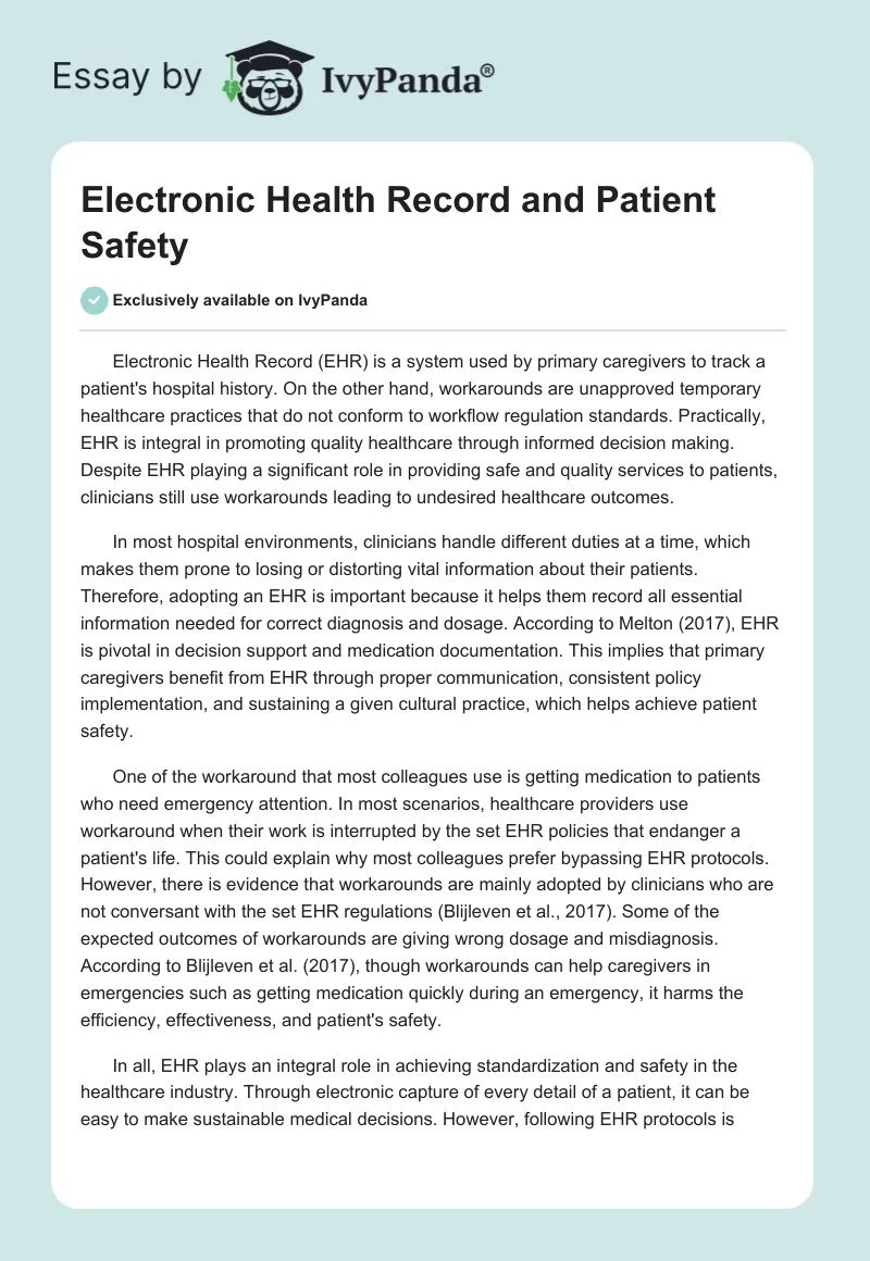Electronic Health Record and Patient Safety. Page 1