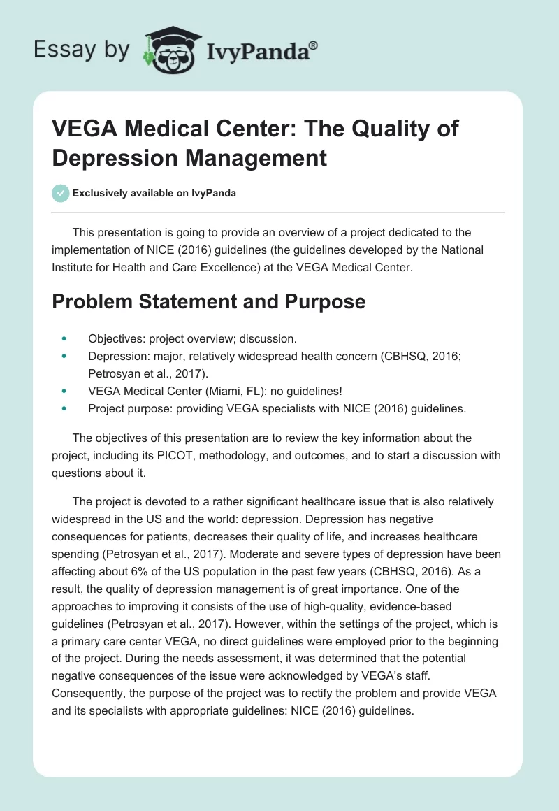 VEGA Medical Center: The Quality of Depression Management. Page 1