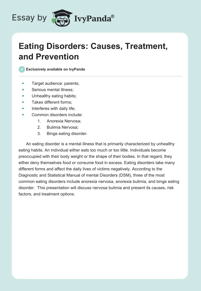 Eating Disorders: Causes, Treatment, and Prevention. Page 1