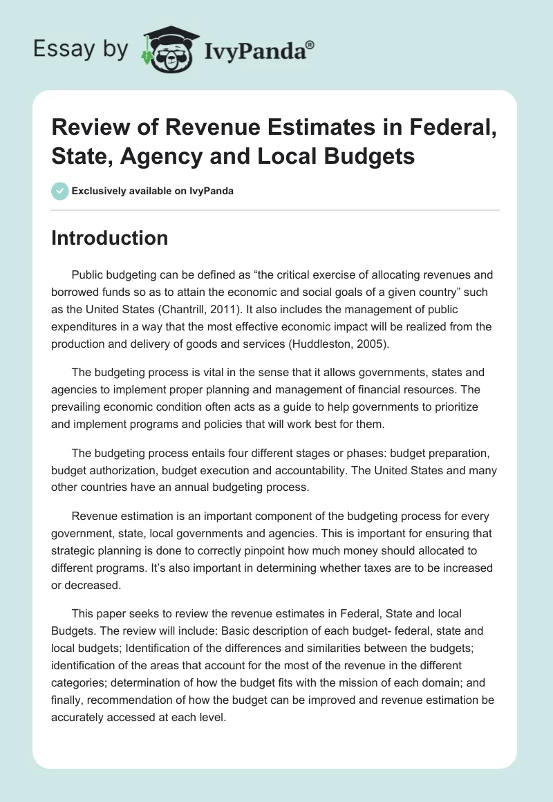 Review of Revenue Estimates in Federal, State, Agency and Local Budgets. Page 1