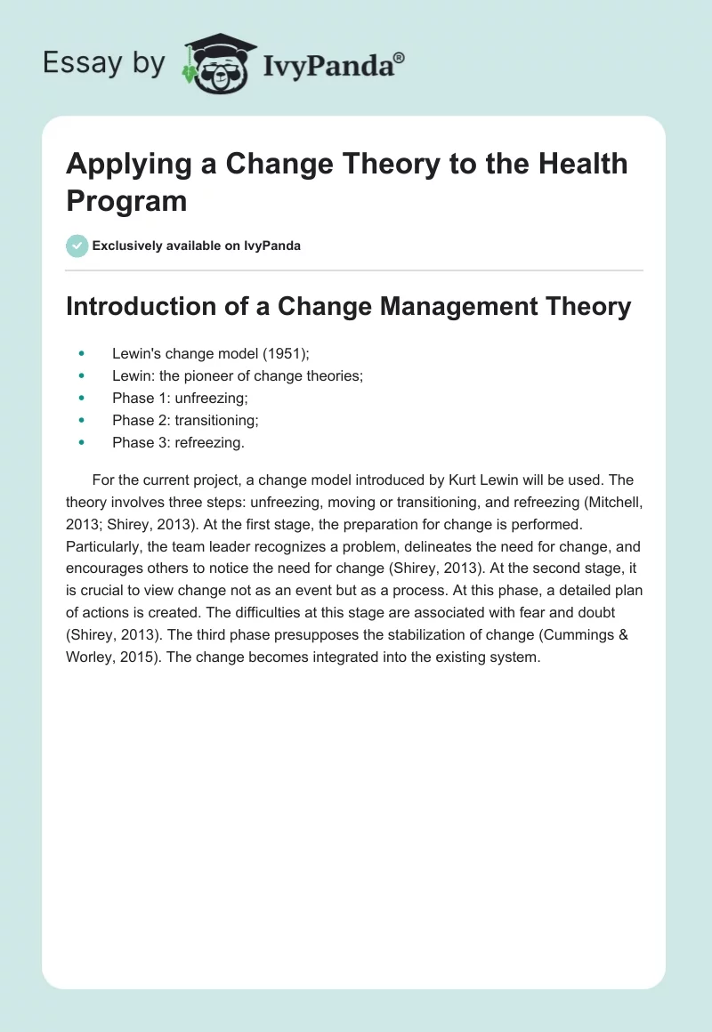 Applying a Change Theory to the Health Program. Page 1