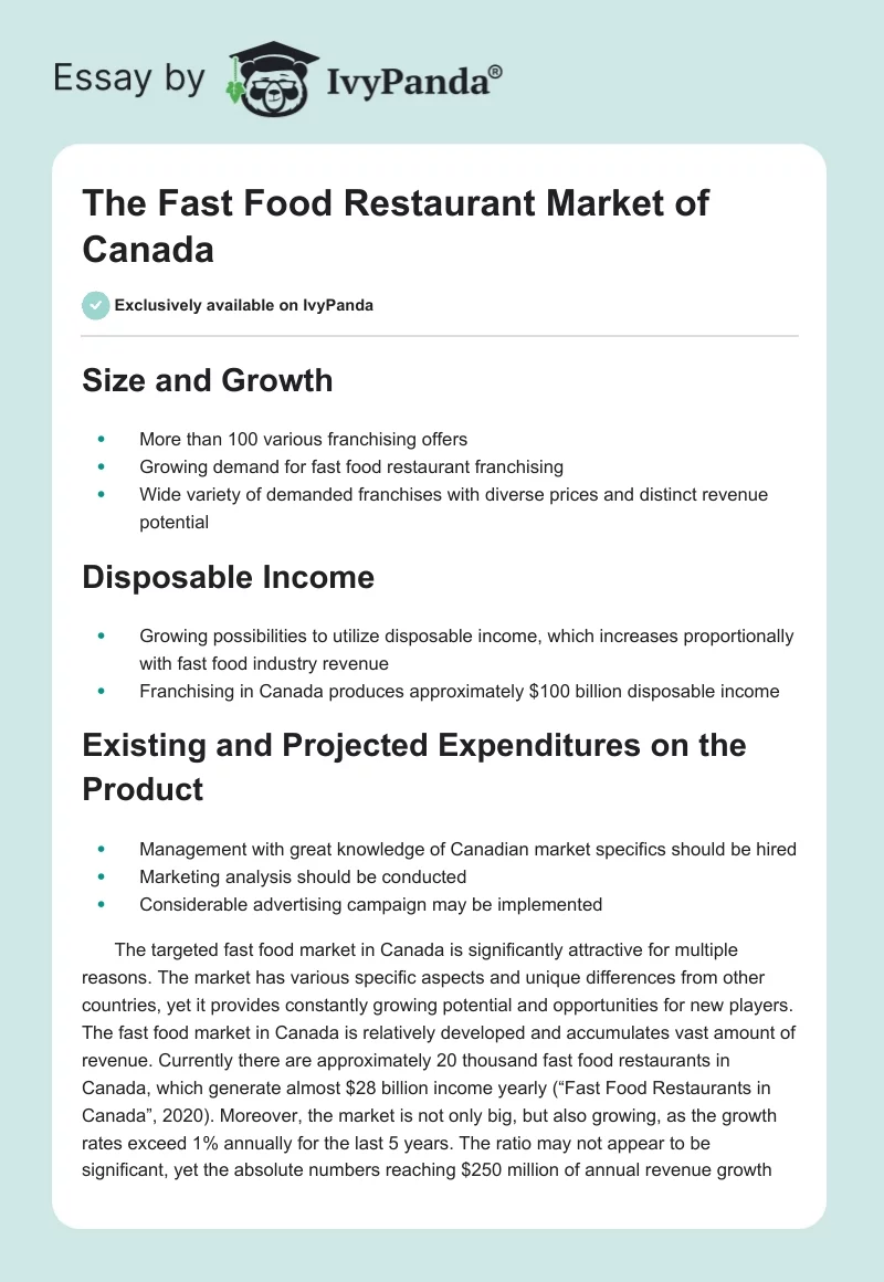 The Fast Food Restaurant Market of Canada. Page 1