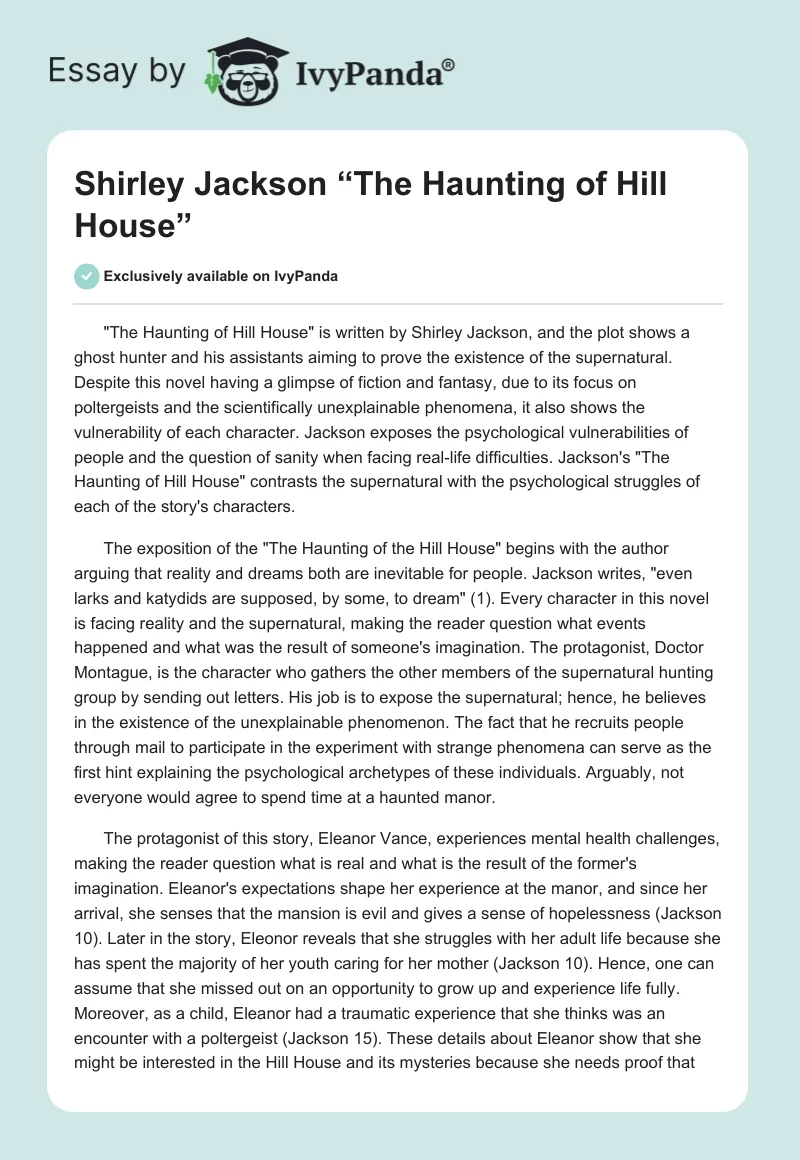 Shirley Jackson “The Haunting of Hill House”. Page 1
