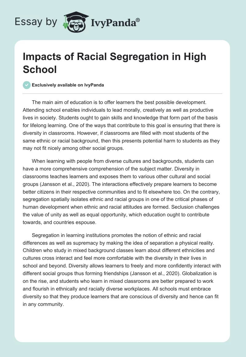 Impacts of Racial Segregation in High School. Page 1