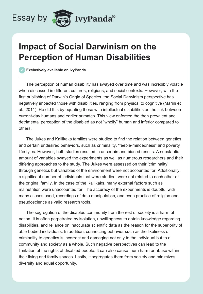 Impact of Social Darwinism on the Perception of Human Disabilities. Page 1