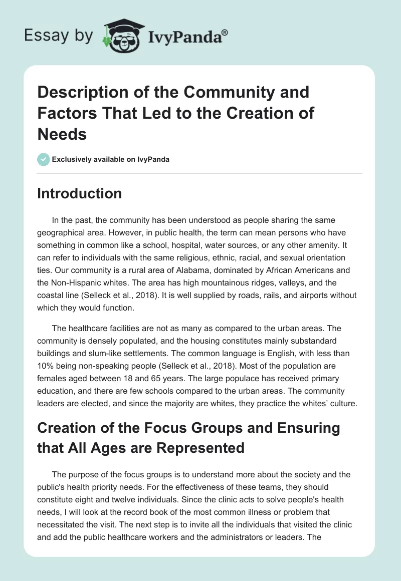 Description of the Community and Factors That Led to the Creation of Needs. Page 1