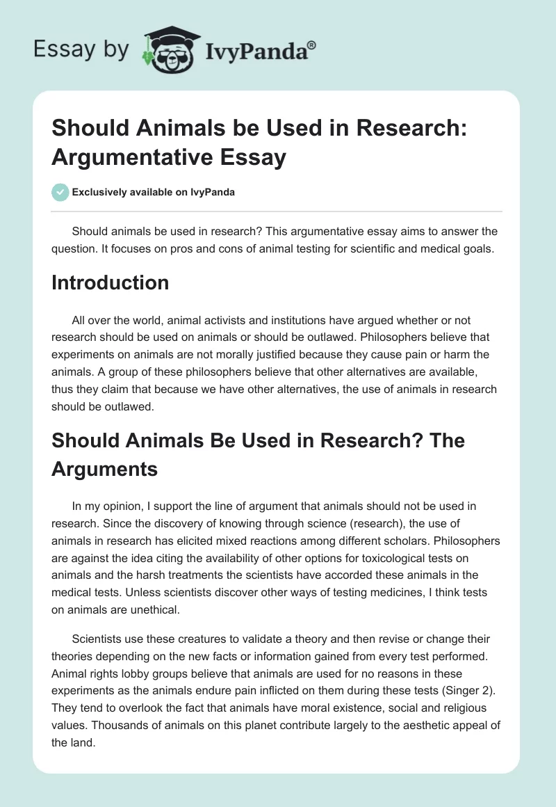Should Animals be Used in Research: Argumentative Essay. Page 1