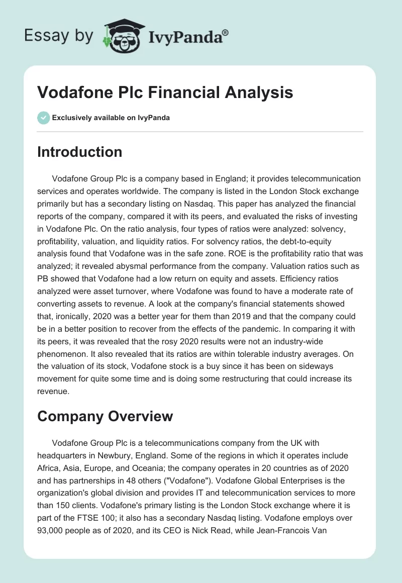Vodafone Plc Financial Analysis. Page 1