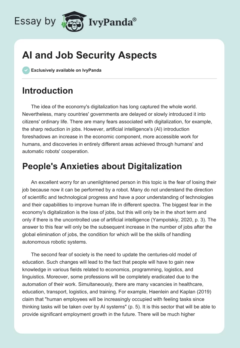 AI and Job Security Aspects. Page 1