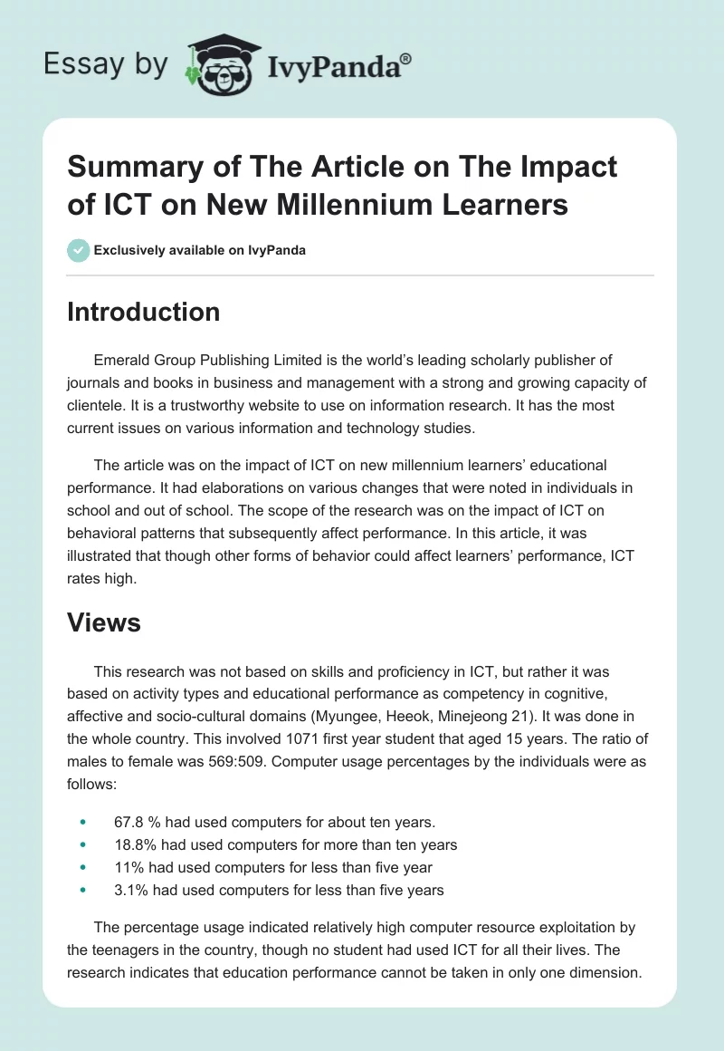 Summary of The Article on The Impact of ICT on New Millennium Learners. Page 1