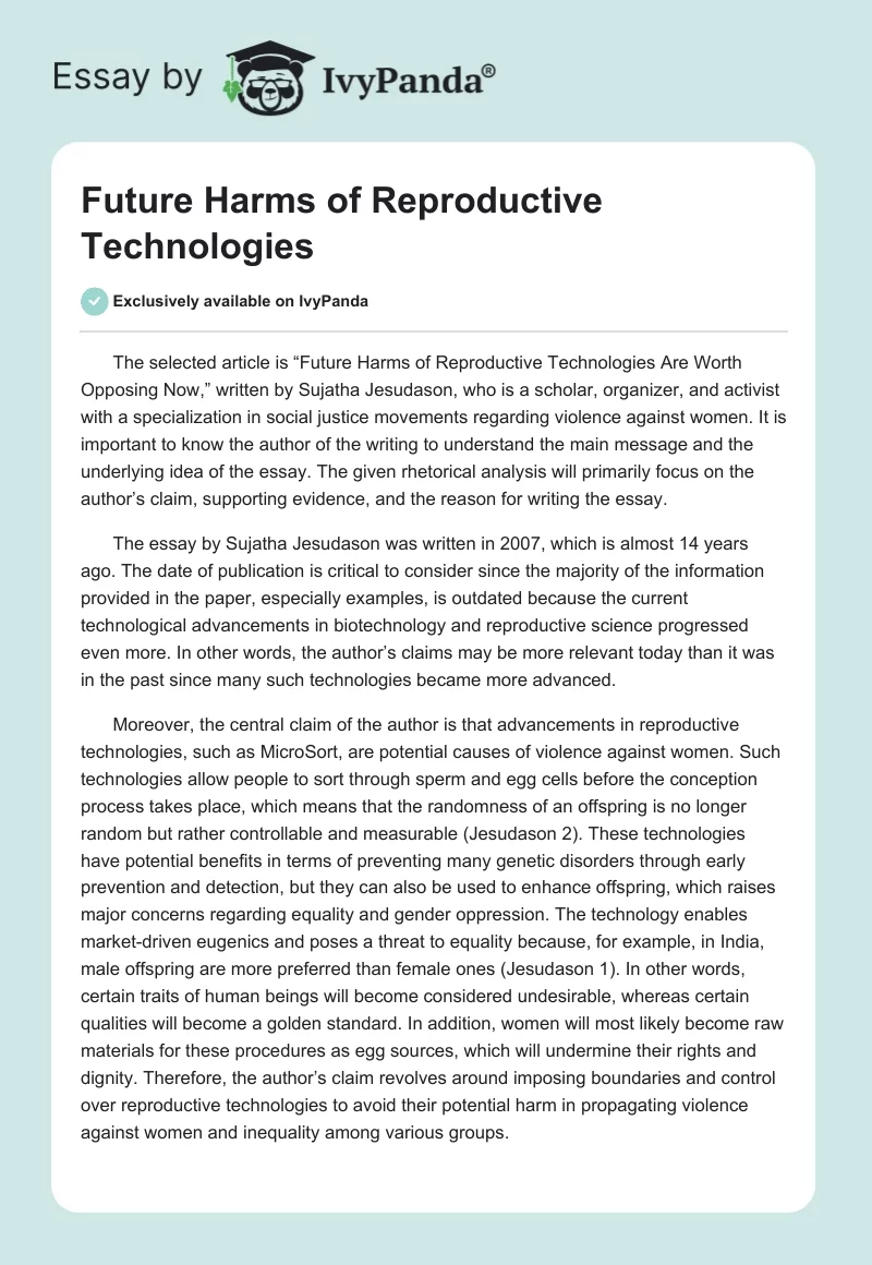 Future Harms of Reproductive Technologies. Page 1
