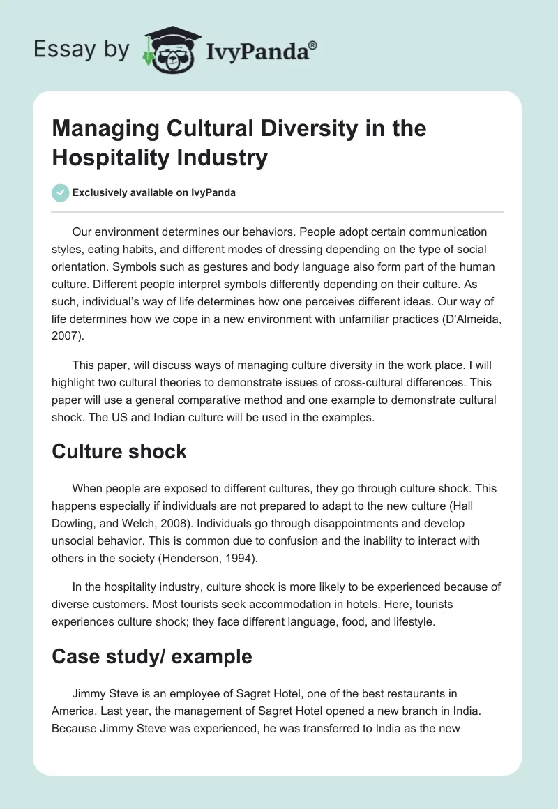 Managing Cultural Diversity in the Hospitality Industry. Page 1