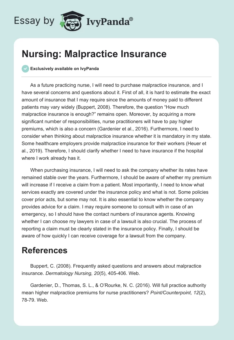 Nursing: Malpractice Insurance. Page 1