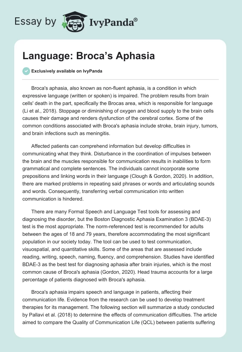 Language: Broca’s Aphasia. Page 1