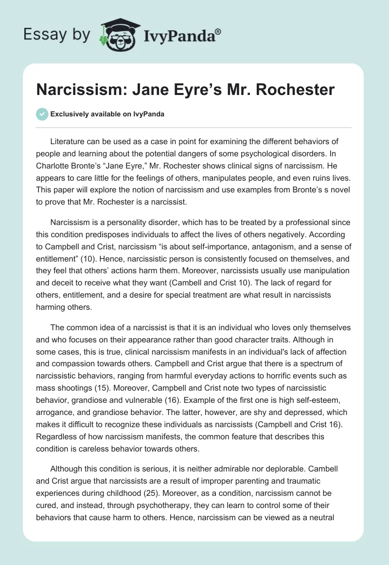 Narcissism: Jane Eyre’s Mr. Rochester. Page 1