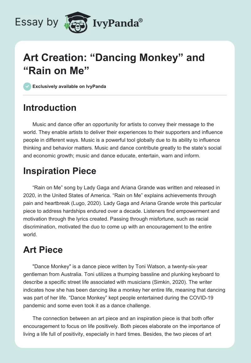 Art Creation: “Dancing Monkey” and “Rain on Me”. Page 1