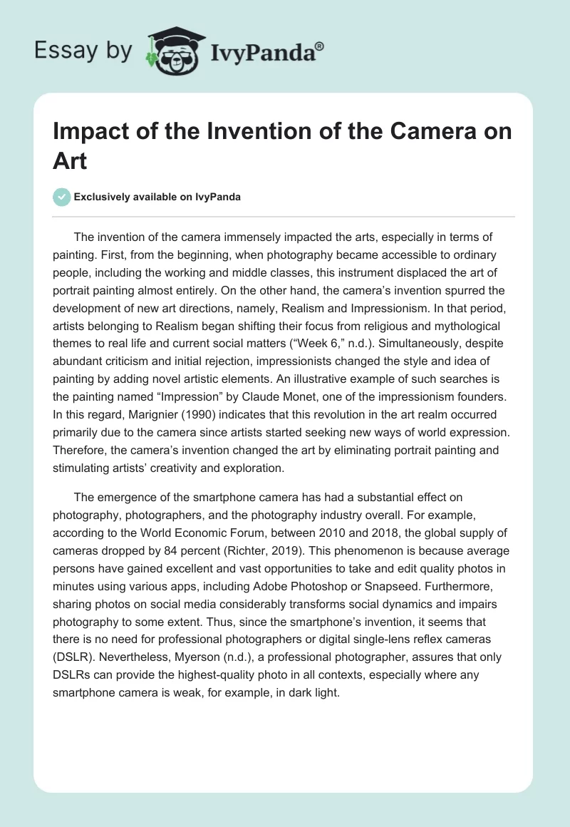 Impact of the Invention of the Camera on Art. Page 1