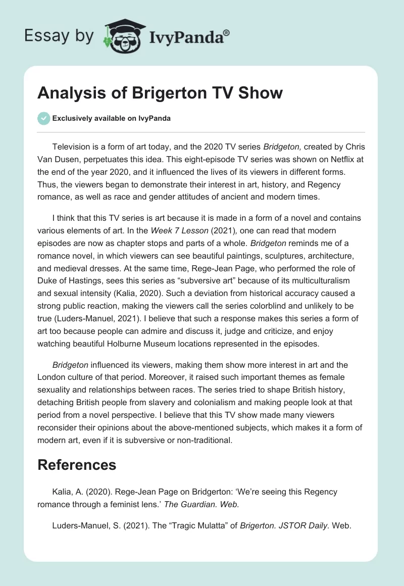 Analysis of "Brigerton" TV Show. Page 1
